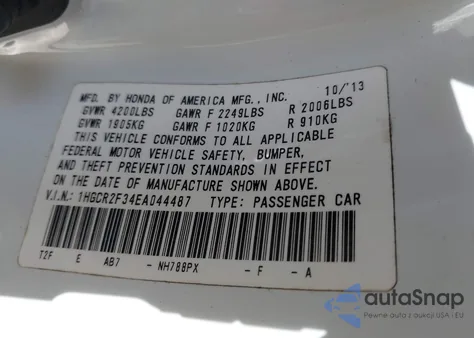 2014 Honda Accord Lx from USA, damaged, VIN 1HGCR2F34EA044487